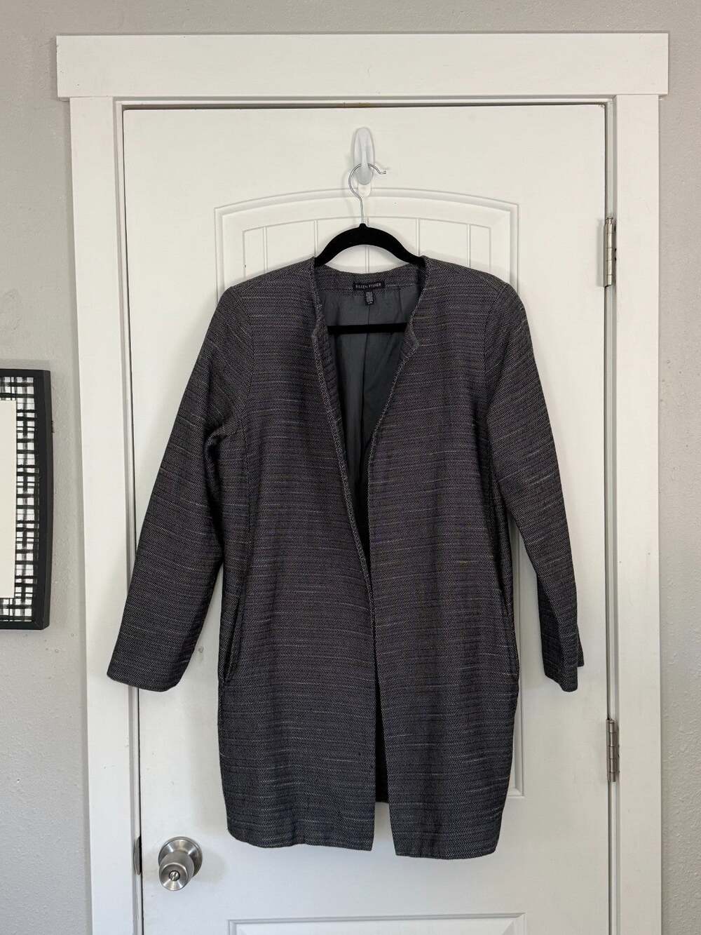 Eileen Fisher Large Gray Cotton Long Blazer Jacket OpenFront Pockets Herringbone